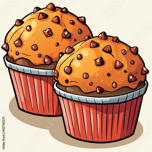 Two delicious chocolate chip muffins.