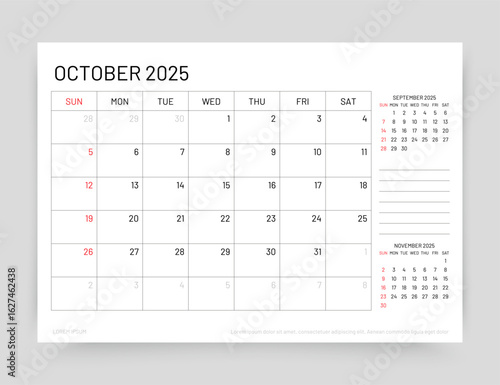 October 2025 calendar. Planner calender layout. Week starts Sunday. Desk monthly organizer. Timetable template. Table schedule grid. Corporate diary. Vector simple illustration. Paper size A5