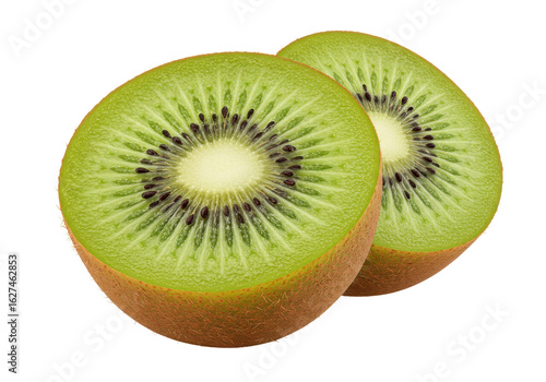 Freshly sliced kiwi halves showcasing vibrant green flesh and black seeds