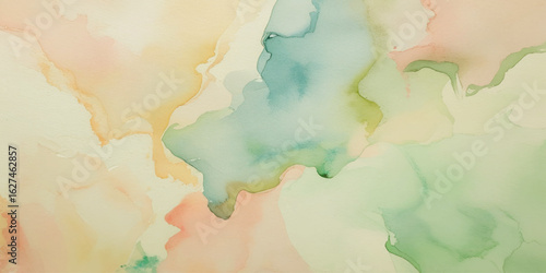 Abstract soft water color background with light pink, peach, yellow, and pale blue, with gentle gradients and fluid brushstrokes creating a dreamy, ethereal effect.