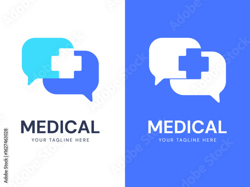 Medical Health Live Chat support with overlapping medical cross in chatbox Messenger logo vector design concept. Modern Medical logotype for ui, Healthcare, Pharmacy, Hospital, medical tech, wellness.