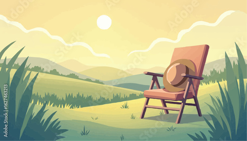 Relaxing Wooden Chair and Sun Hat in Serene Green Landscape During Sunrise