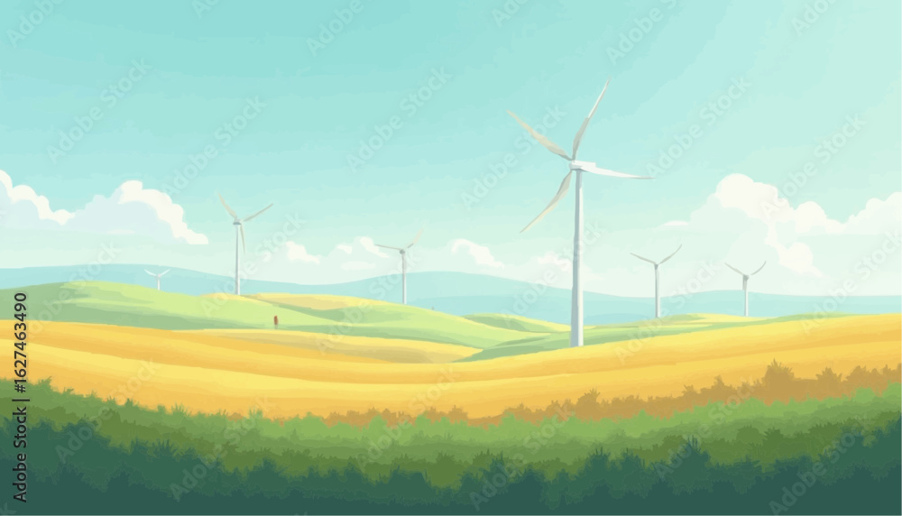 Fototapeta premium Wind Turbines in Scenic Green and Yellow Countryside Under Bright Blue Sky