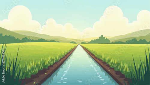 Serene Green Rice Fields with Water Canal and Mountain Background Illustration