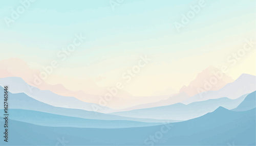 Abstract Blue Mountain Landscape with Soft Pastel Colors and Gentle Gradient Sky