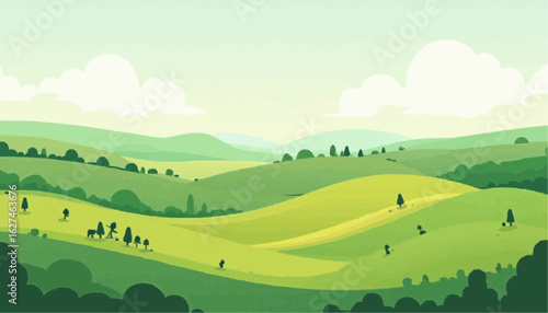 Bright Green Rolling Hills Landscape with Trees and Clouds in Soft Pastel Colors