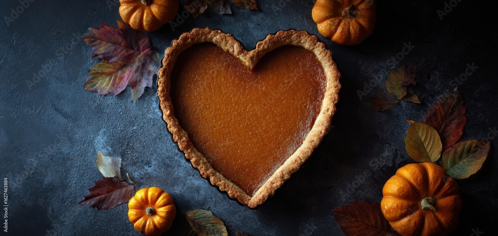 Fototapeta premium The heart-shaped pumpkin pie decorated with autumn leaves and mini pumpkins.