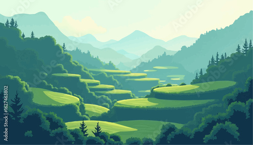 Lush Green Mountain Valley Scene with Terraced Fields and Forests in Soft Natural Light