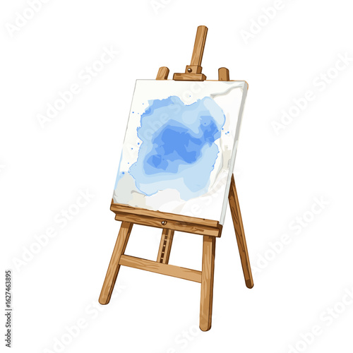 Illustration of a wooden easel displaying a canvas with an abstract blue watercolor painting, creating a vibrant artistic display in a studio setting, showcasing creativity and design