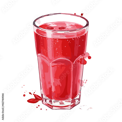 Illustration of a refreshing red beverage in a faceted glass with watercolor style, complete with droplets and goji berries for a vibrant touch and visual appeal.