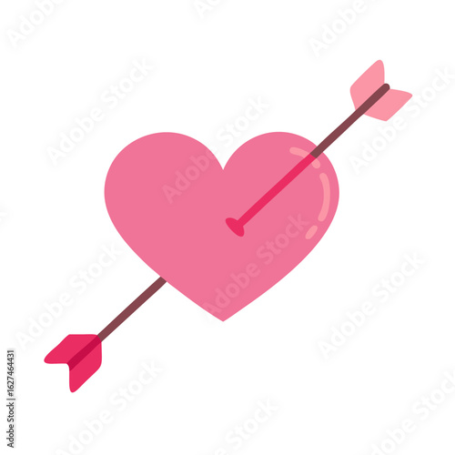 Pink heart pierced by arrow in flat cartoon style