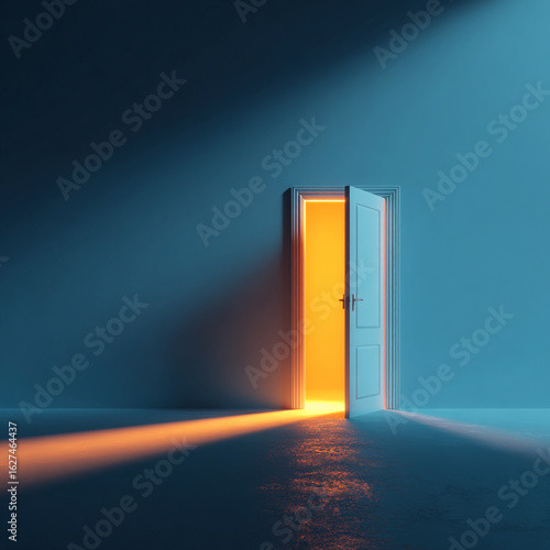 Contemporary room interior featuring a closed blue wall with an open glowing door, warm golden light illuminating the smooth floor, creating a stylish abstract scene of imagination and creativity