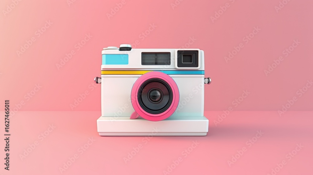 Fototapeta premium Colorful Retro Instant Camera with Pink Lens Pastel Background - Vintage Photography Art