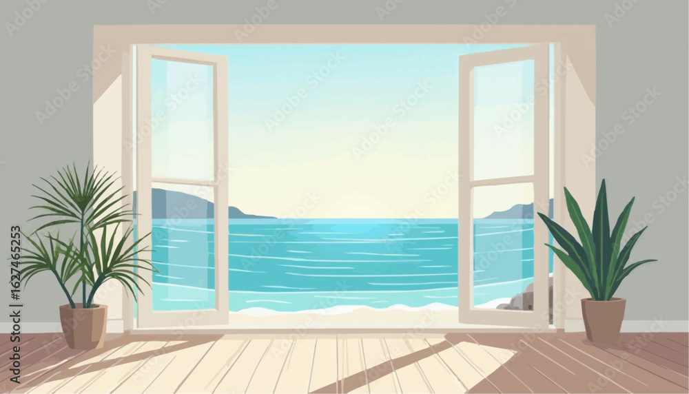 Fototapeta premium Open Ocean View Through Bright Windows with Potted Plants in Contemporary Room