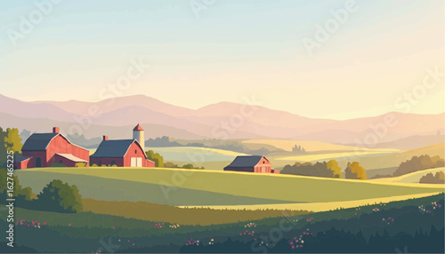 Serene Rural Landscape with Rolling Hills and Traditional Farmhouses at Sunset
