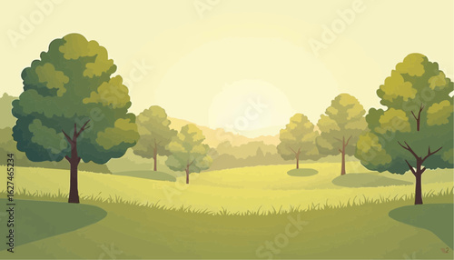 Serene Green Tree Landscape with Sunlit Hills and Bright Sky
