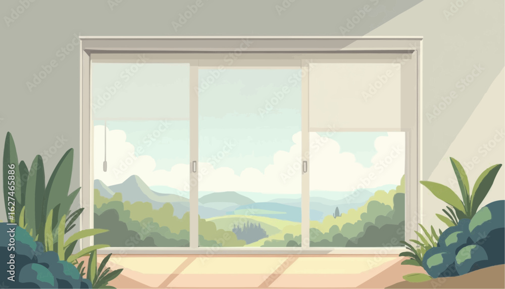 Fototapeta premium Bright Modern Living Room with Large Sliding Glass Doors and Scenic Mountain View