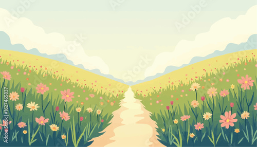 Colorful Flowered Hillside Landscape with Winding Path in Bright Sunny Day