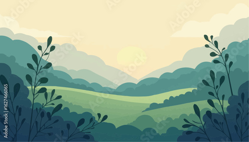 Serene Green Landscape Illustration of Rolling Hills and Sunrise in Soft Pastel Colors