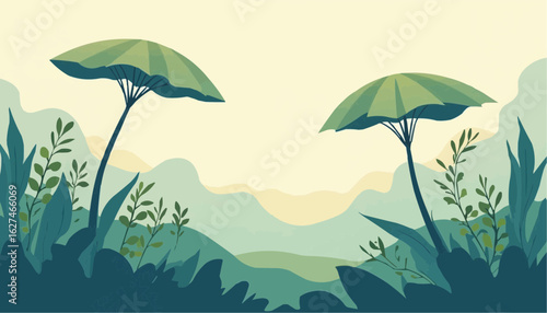 Stylized Green Umbrella Trees in Nature Scene with Soft Pastel Colors