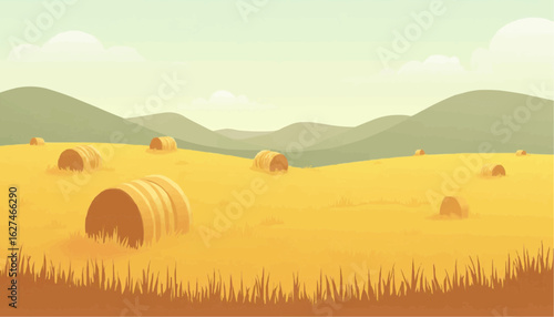 Bright Yellow Hay Bales in Open Farm Field Under Green Mountain Landscape
