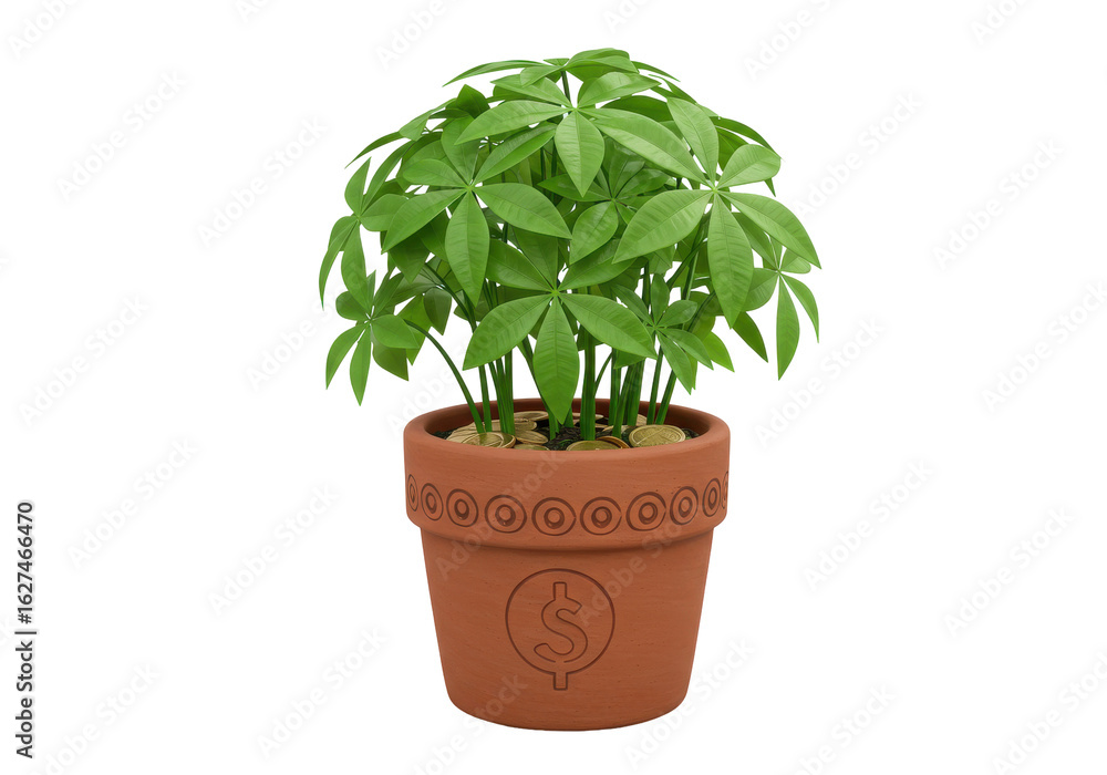 Obraz premium Lush green money plant in a decorative terracotta pot, symbolizing prosperity