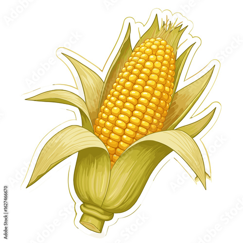 Freshly harvested corn on the cob with vibrant yellow kernels and green husk, showcasing the essence of autumn and seasonal harvest