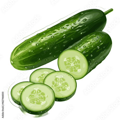 Fresh green cucumbers whole and sliced with a refreshing look, showcasing natural textures and healthy ingredients for culinary use and enjoyment