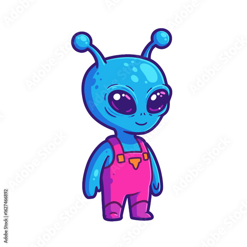 Adorable cartoon alien character with large eyes and antennae wearing pink overalls standing on a white background