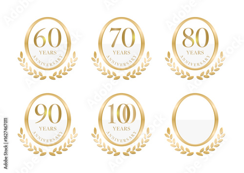 月桂樹とメダルのanniversaryロゴ（40周年, 50周年, 60周年,70周年,80周年,90周年,100周年 白）