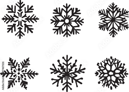 Collection of six unique black snowflake icons with intricate crystalline patterns on a white background