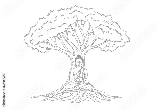 Buddha tree drawing. It is a black and white outline image of Buddha meditating under a tree, symbolizing enlightenment and spiritual peace. Vector sketch line art draw.
