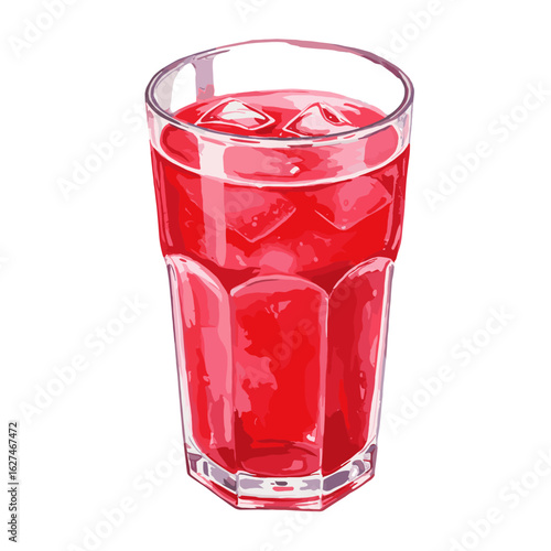 Refreshing red drink with ice cubes in a tall glass illustration for beverage and refreshment themes, perfect for summer vibes and design elements.