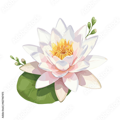 Elegant water lily illustration with delicate petals and a vibrant yellow center, complemented by lush green leaves and buds on a white background