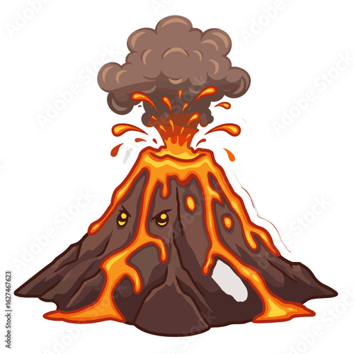 Cartoon volcano erupting with lava flowing down its sides and smoke billowing into the sky, creating a dynamic and fiery illustration