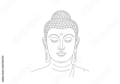 Buddha portrait drawing. It is a black and white outline image of Buddha's portrait, a spiritual and peaceful icon symbolizing meditation and enlightenment. Vector sketch line art draw.