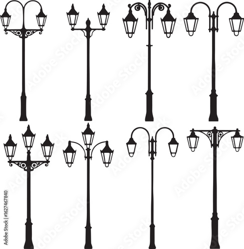 Ornate street lamps vintage black silhouette