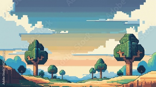 Pixel Art Landscape with Blocky Trees, Grassy Terrain, and Vibrant Sunset Sky