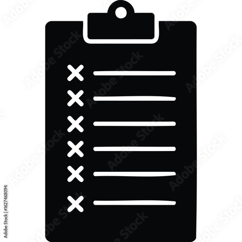 A black clipboard with a checklist showing several empty lines and x marks next to them on a white background silhouette