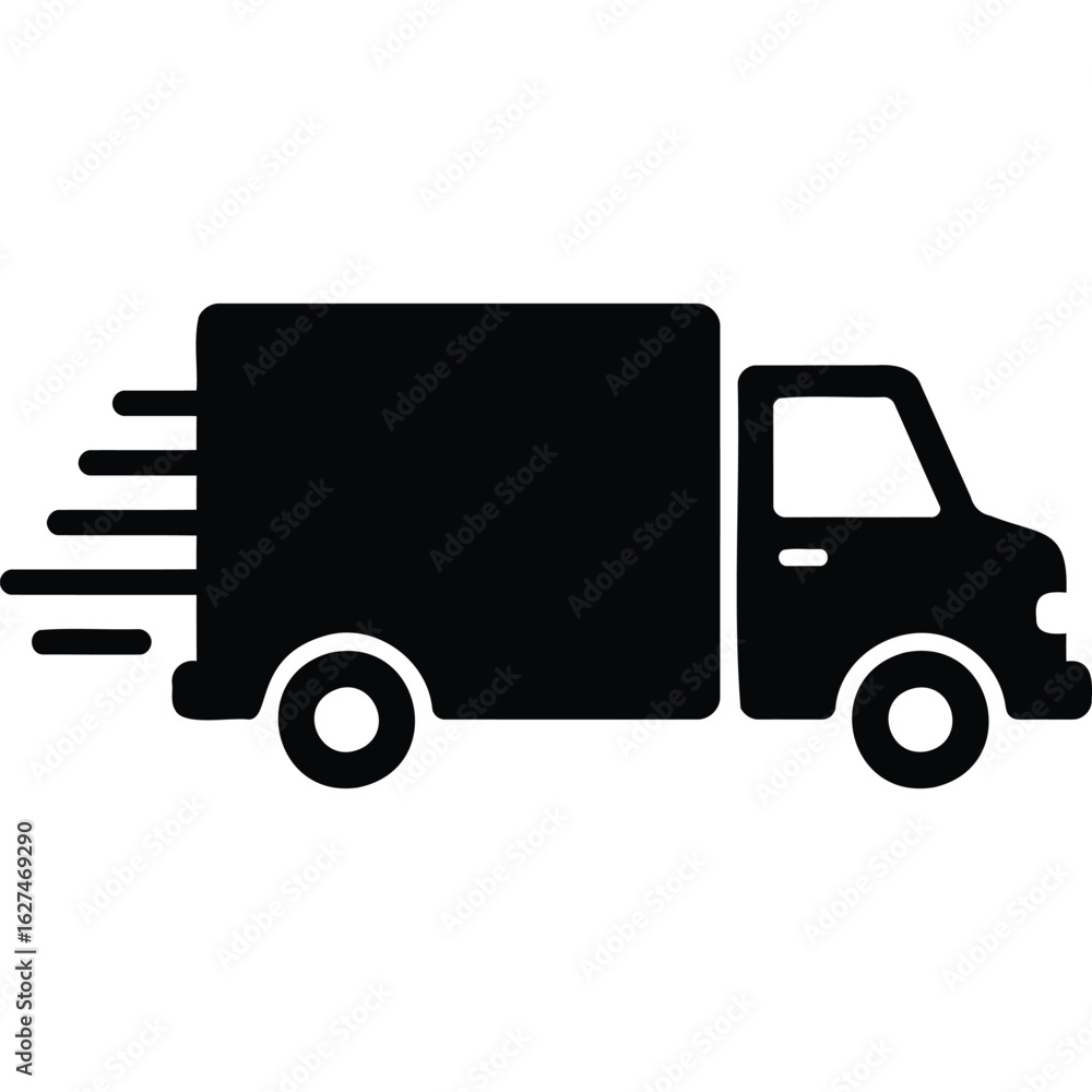 A black silhouette of a delivery truck with motion lines indicating speed and swift transportation service A black silhouette of a delivery truck with motion lines indicating speed and swift transportation service