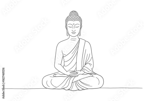 Meditating buddha drawing. It is a black and white outline image of a meditating Buddha, symbolizing peace, enlightenment, and spiritual tranquility. Vector sketch line art draw.