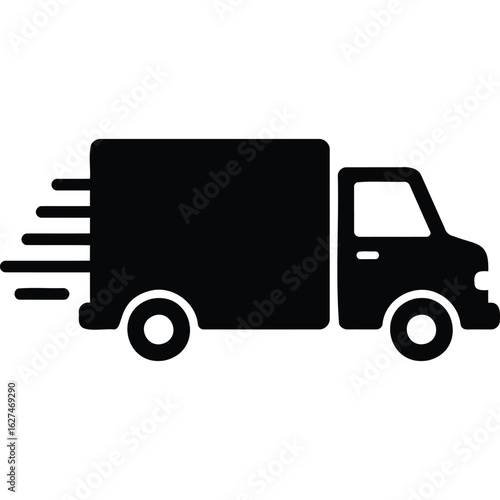 A black silhouette of a delivery truck with motion lines indicating speed and swift transportation service