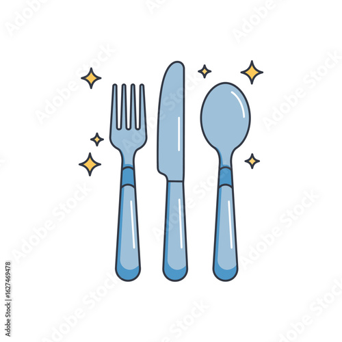 Cartoon cutlery set Vector Illustration with fork knife and spoon shining with cleanliness
