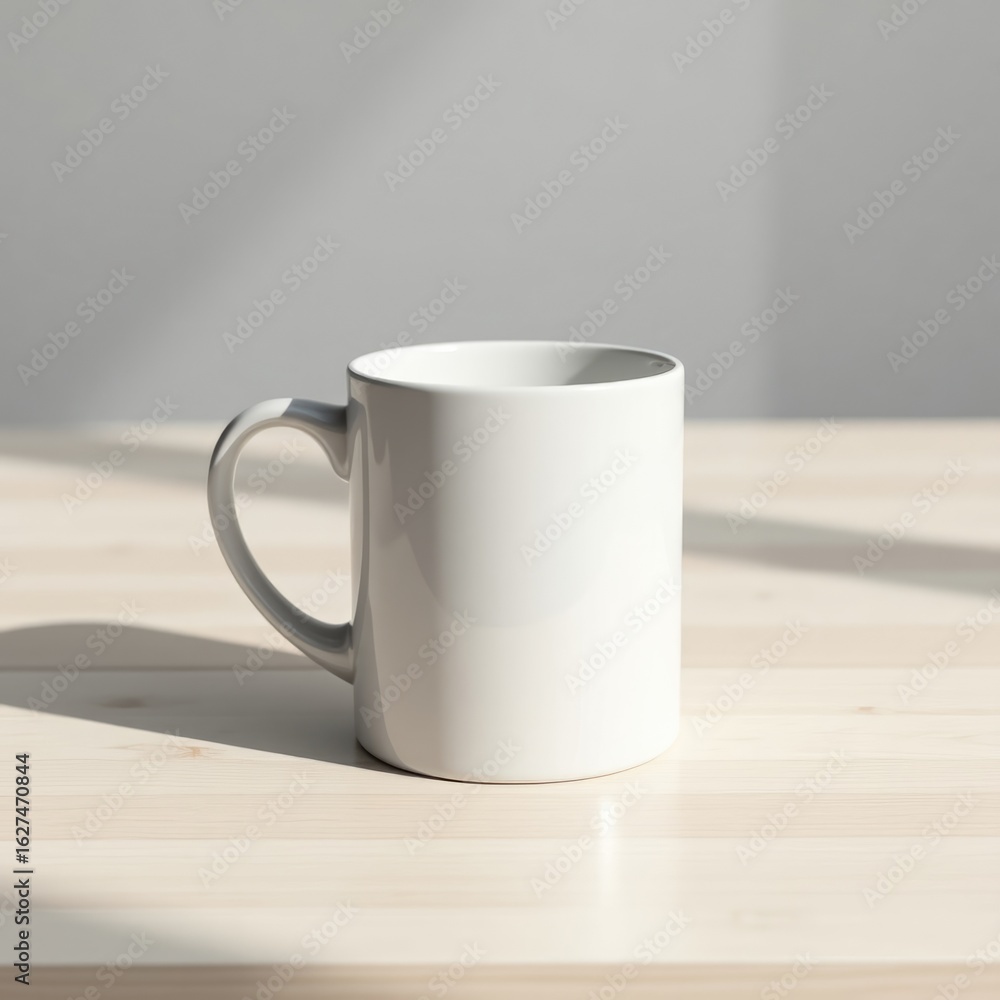 Obraz premium Mug mockup a plain white ceramic mug sits on a bright wooden surface against a neutral color background wall