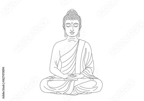 Buddha drawing. It is a black and white outline image of Buddha, a spiritual leader and icon of peace and enlightenment, shown in a meditative pose. Vector sketch line art draw.