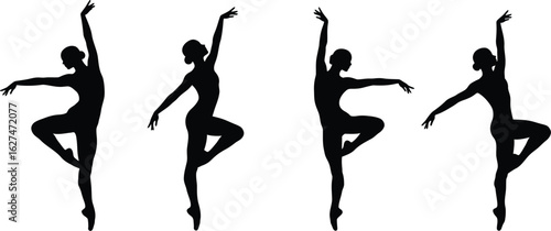 Four elegant female ballet dancers in dynamic poses showcasing grace and artistry in a silhouette style isolated on transparent background