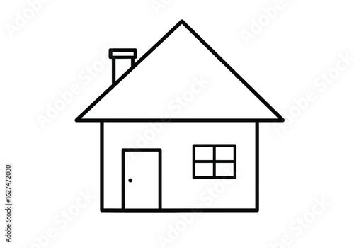 House building drawing. It is a black and white outline image of a house building, a simple and basic dwelling with a roof, door, and window. Vector sketch line art draw.