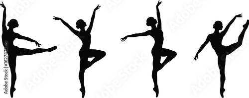 Four elegant female ballet dancers in graceful poses showcasing artistic movement and flexibility silhouette isolated on transparent background