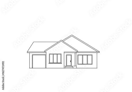House elevation drawing. It is a black and white outline image of a house elevation drawing, showing the exterior facade of a single-story home. Vector sketch line art draw.