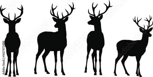 Four majestic deer with impressive antlers depicted as black silhouettes standing gracefully on a transparent background isolated on transparent background